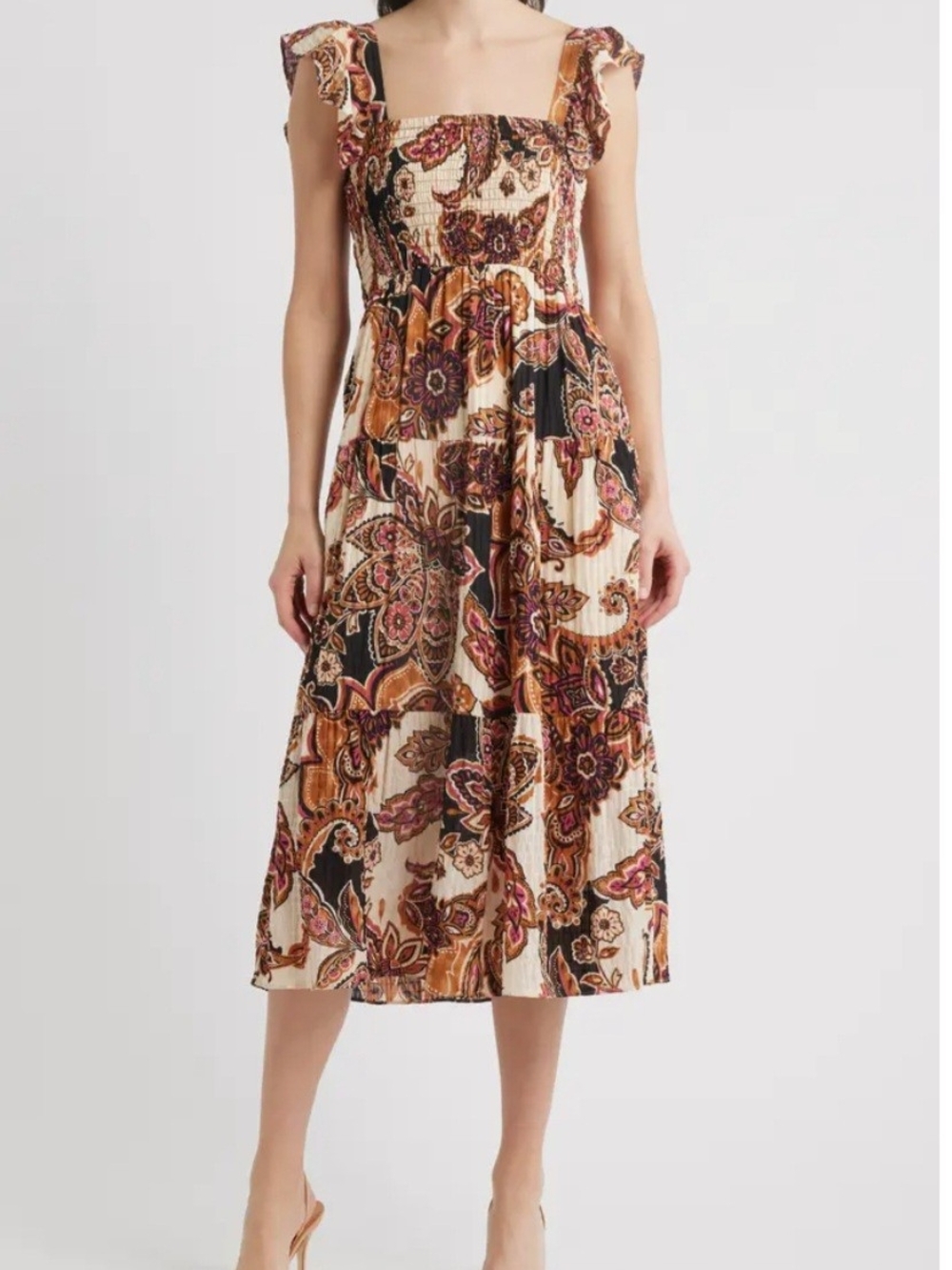Vince Camuto Paisley Smocked Square-Neck Midi Sun Dress (with pockets)